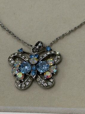 Silver-tone Blue Crystal Butterfly Pendant Necklace